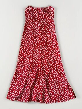 Women Size S Maxi Fit & Flare Red Ditsy Floral Dress Summer Long Polyester Zip